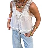 Y2k Lace Trim Tank Tops Women Sleeveless Front Tie Babydoll Shirts Sexy Summer Streetwear Going Out Crop Tops