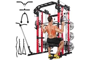 U-MAX Smith Machine Power Squat Rack Cage Home Gym, 2000lbs All in One Dual Cable Crossover Machine with LAT Pulldown Strengt