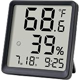 Room Hygrometer Indoor Thermometer for Home, Black | Small Digital Temperature Humidity, Comfort Indicator, Digital Clock &amp; Calendar, Desktop Humidity Meter, Compact Size