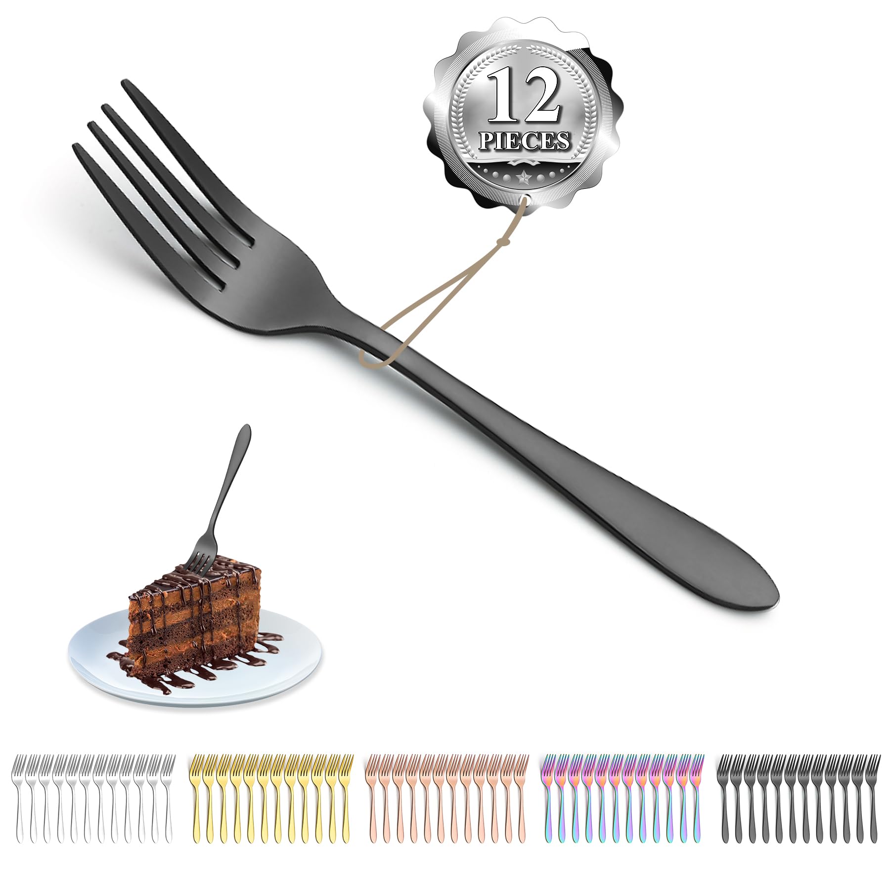 Kyraton Black Dessert Forks Set of 12 Pieces 14cm Titanium Black Plating Stainless Steel Cake Forks, Tea Fork, Cutlery Set Dishwasher Safe