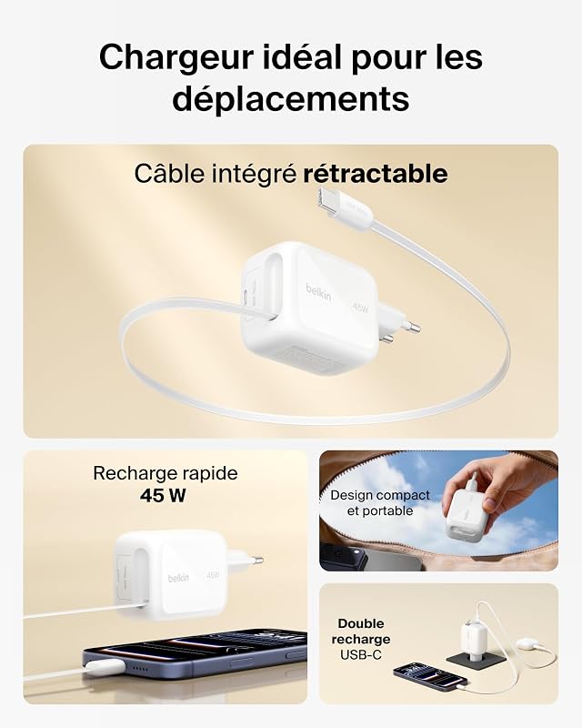 Chargeur USB-C GaN 67 W avec Câble USB-C Rétractable 1 M Et Port USB C, pour iPhone, Recharge Rapide pour iPhone 17 Et 16 Series, Galaxy S26 Series, AirPods, Tablettes, MacBook, Chromebook