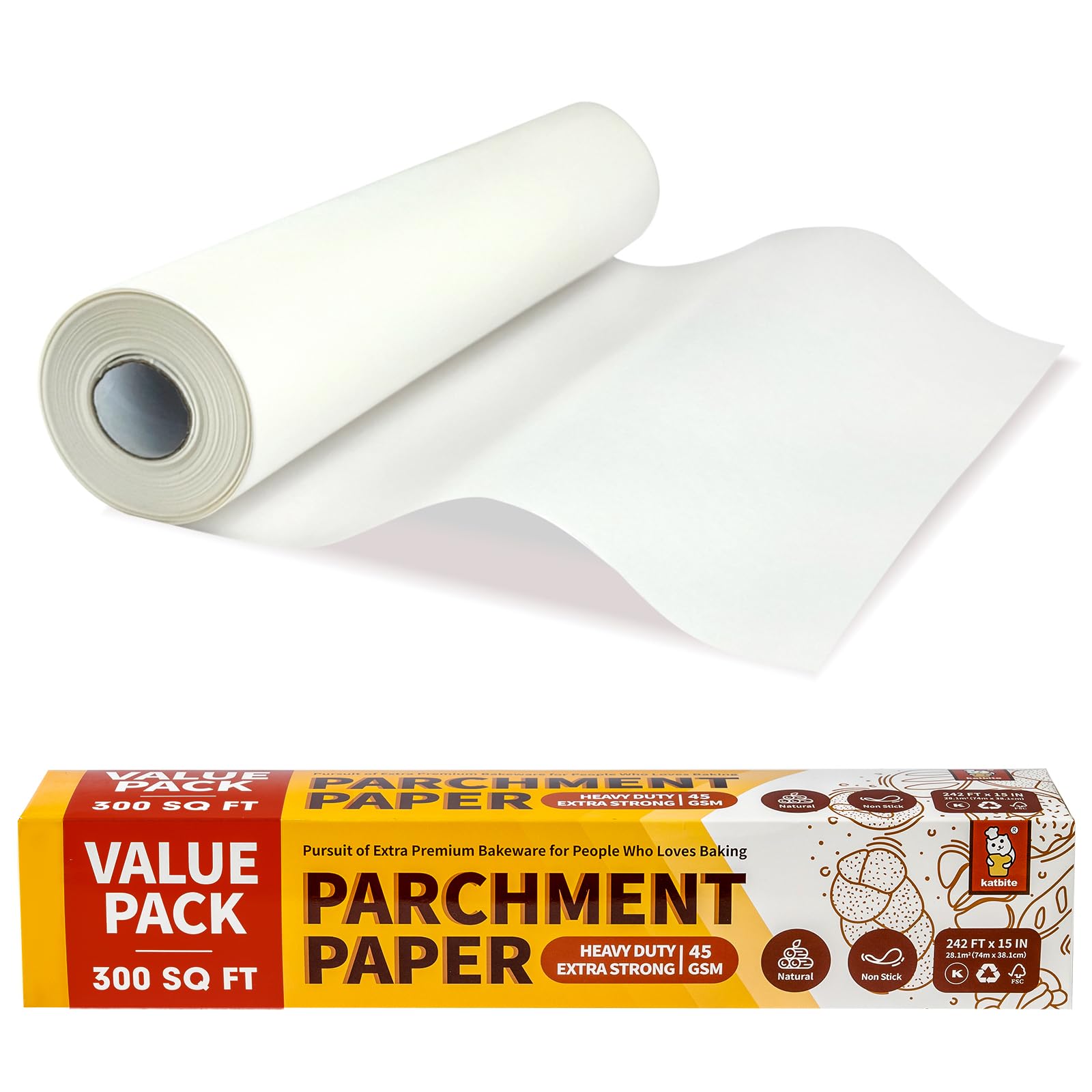 Katbite Parchment Paper Heavy Duty Baking Parchment Roll, 38CM x 74M, Non Stick Baking Paper Roll for Baking, Cooking, Freezing, for Oven, Kitchen, Air Fryer, Freezer, Pastry