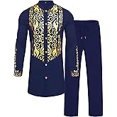 ZSJR Mens African 2 Piece Sets Dashiki Metallic Traditional Suit Gold Stamp Printed Shirt and Pants Outfit