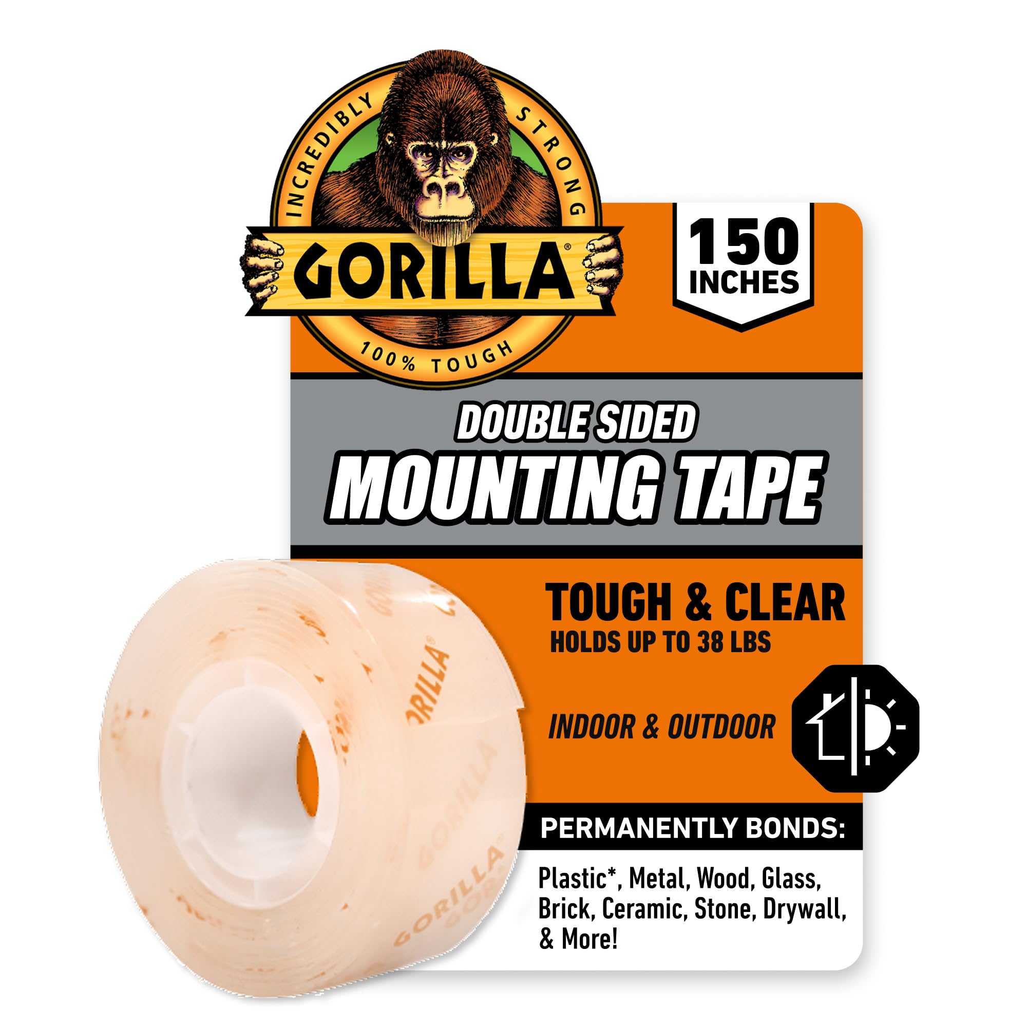Photo 1 of Gorilla Tough & Clear Double Sided Mounting Tape, Clear Tape, 1" x 150" (Pack of 1) - Weatherproof for Indoor or Outdoor