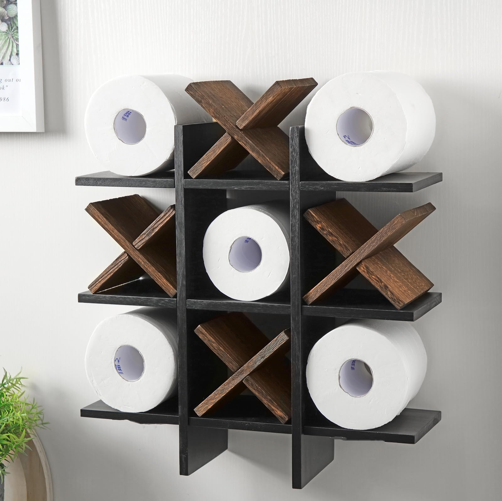 Photo 1 of Weysat Tic Tac Toe Toilet Paper Holder Stand Bathroom Wall Decor Rustic Wooden Hanging Storage Freestanding Wall Mounted Shelves Decor for Toilet Tissue Farmhouse