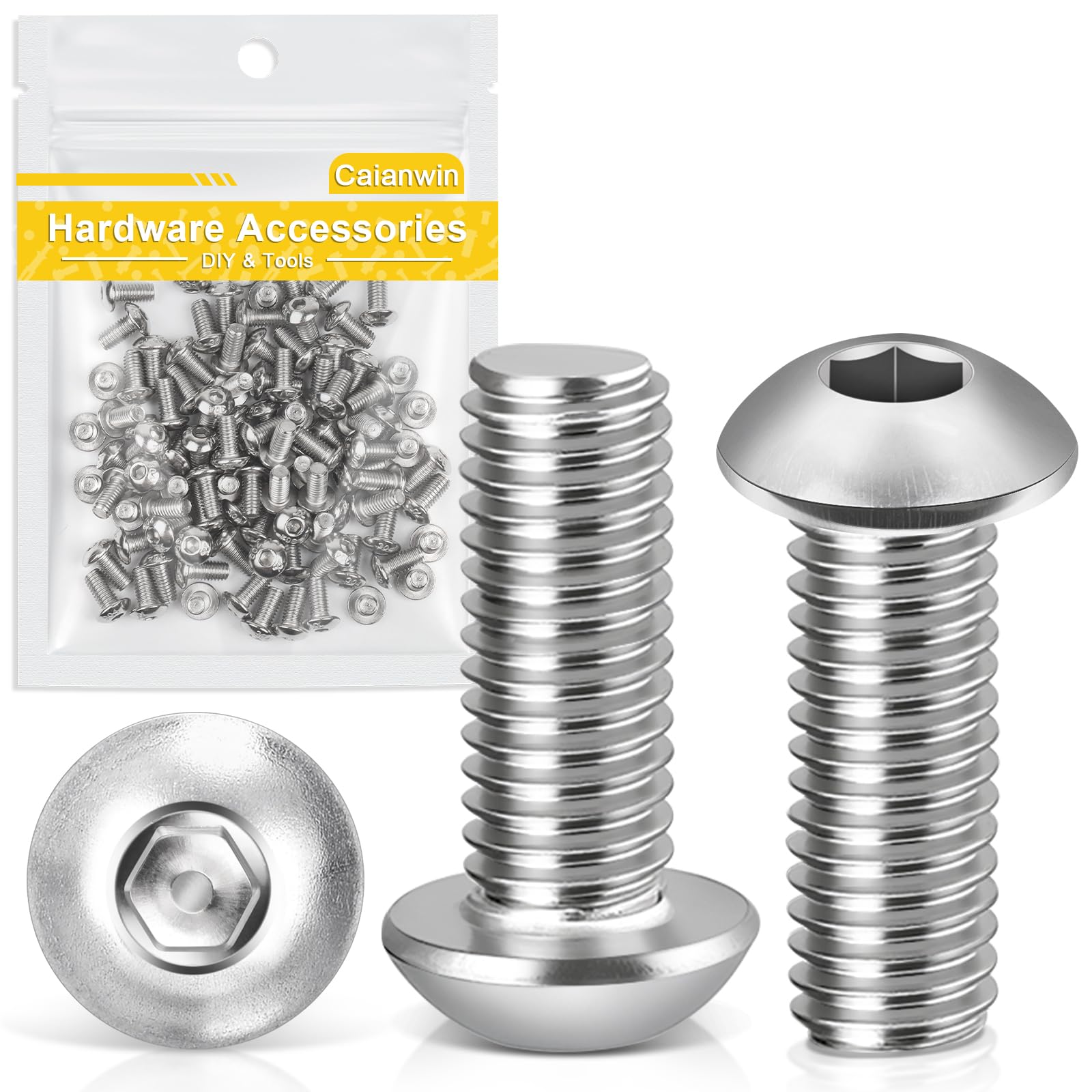 Caianwin M5 x 10mm Bolts 100Pcs Hex Socket Button Head Bolts 304 Stainless Steel Pan Head Machine Screws for Home Office Industrial Electronic