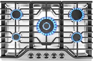 WECELEH 30 Inch Gas Cooktop Stovetop with 5 Italy SABAF Burners 39400BTU, 0.6mm Stainless Steel,Heavy-Duty Cast Iron Grate,Dual Fuel LPG/NG,Leakage Protection
