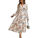 Women's Spring Wrap Maxi Dress Floral V Neck Long Sleeve Wedding Guest Party Casual Chiffon Dress