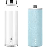 LOOFORE Glass Water Bottles 32 oz, 1 liter / 1000ml Wide Mouth Glass Drinking Bottles with Lids, Large Reusable Borosilicate Water Bottle for School Home Office Travel Sport Yoga Gym, 1 Pack