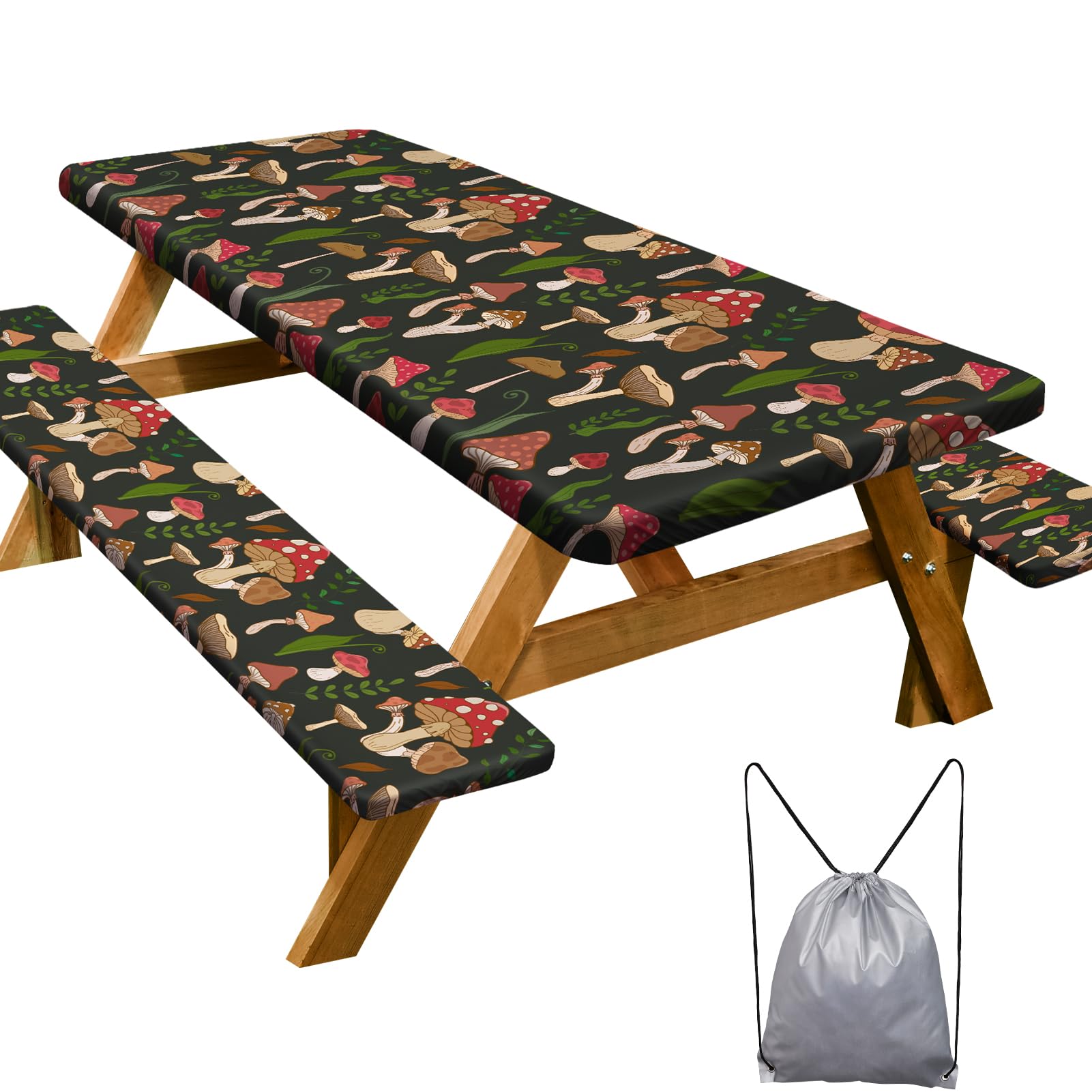 Photo 1 of Picnic Table Cover with Bench Covers Camping Essentials Waterproof Windproof Camping Tablecloth with Drawstring Bag, Fitted Rectangle Tables and Seats, 96in, Black Red