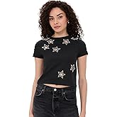 alice + olivia Women's Cindy Classic Cropped Tee with Crystal Star Cutouts