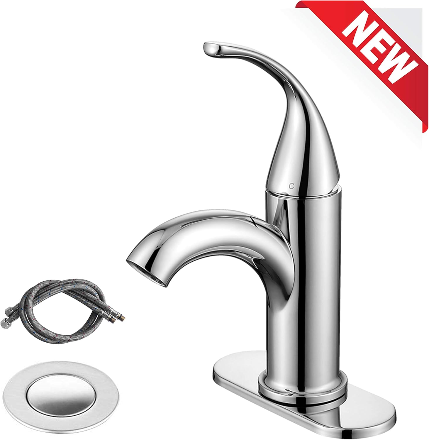 RKF Single Handle Bathroom Sink Faucet One Hole Deck Mount Lavatory Faucet with pop-up drain with overflow and water supply hoses,Chrome Polished,BF003SP-T2-CP