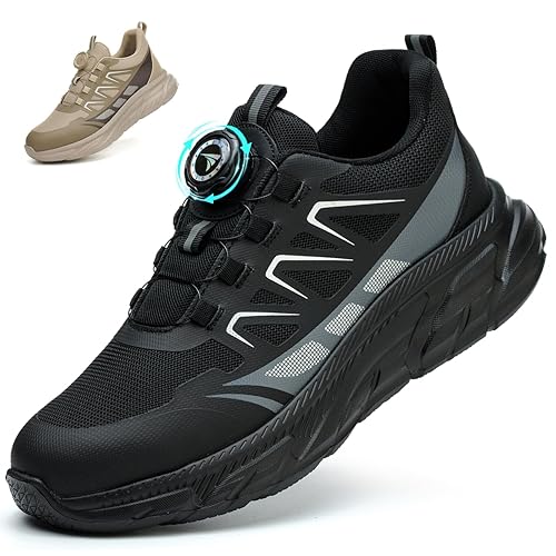 RASEARY Safety Trainers Men Womens Lightweight Steel Toe Cap Trainers Non Slip Work Safety Shoes Puncture Proof Work Trainers Breathable Industrial Work Shoes with Swivel Buckle Shoelaces，Black UK 7