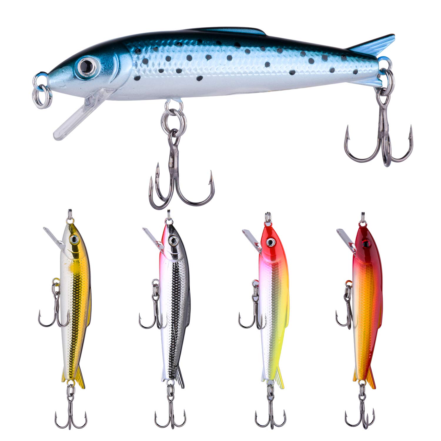 Goture Minnow Fishing Lures Hard Topwater Baits With 2 Sharp Treble Hooks For Bass Trout - Pack of 5