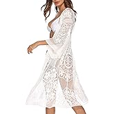 Women's Lace Cardigan Floral Crochet Sheer Beach Cover Ups Long Open Kimono