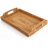 Large Rectangular Hand Woven Wicker Serving Tray with Handles, 17 Inch Natural Rattan Woven Tray for Coffee Table Storage, Breakfast Platter, Drinks, Fruit Snacks, Ottoman Kitchen Decor