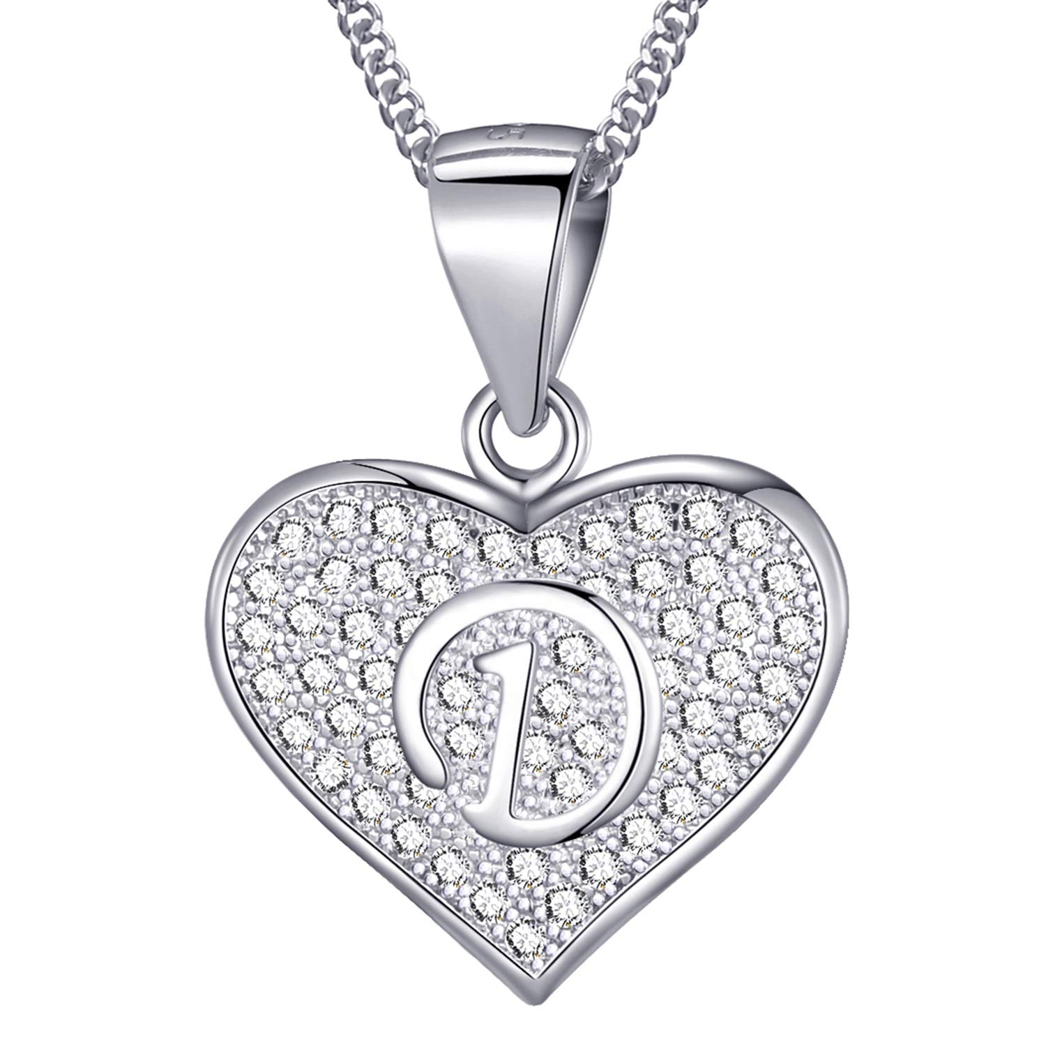 MASADA 925 Sterling Silver Heart Letter Necklace - Initial Pendant with Zircon Stones - Letter D - Personalised Alphabet, Teens & Girls - 46 cm - 18 inch Chain in Velvet Bag — image 1