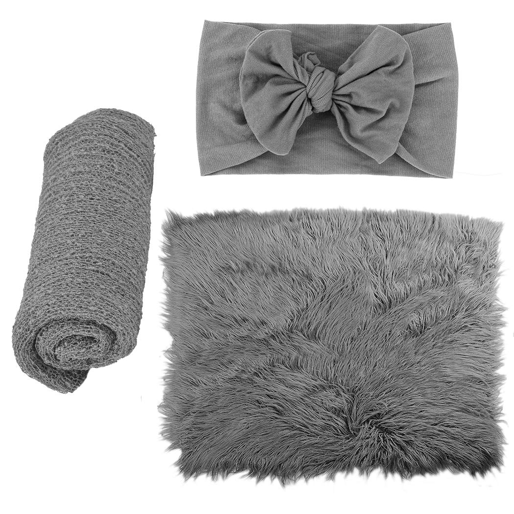 ZOYLINK Baby Photo Props, 3 pcs Wrap Newborn Photography Mat and Baby Headband Long Ripple Wraps DIY Stretch Knit Wrap Blanket for Baby Boys and Girls Shower Gift Grey