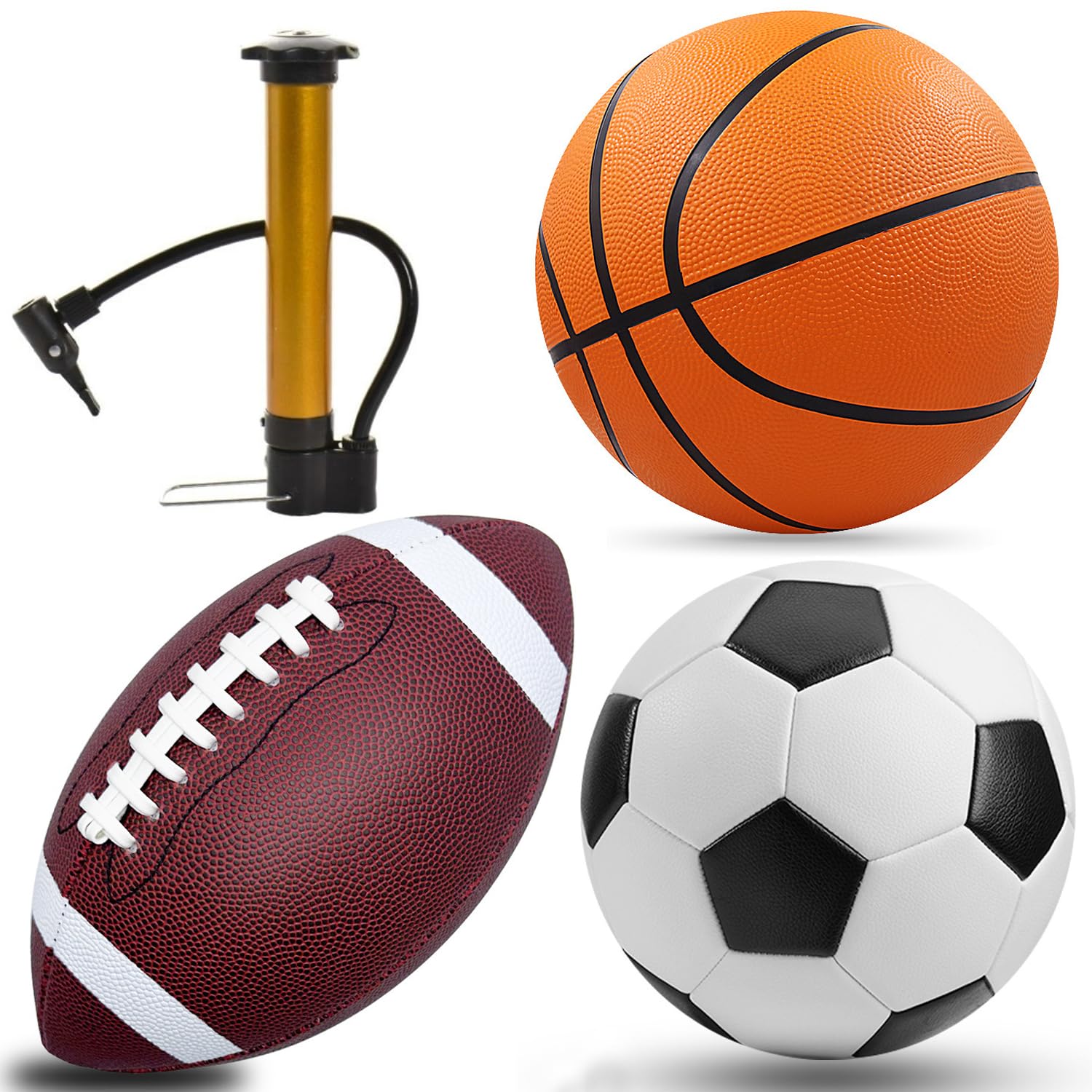 Photo 1 of DHYLRICHER 3-Piece Sports Balls Set, Includes Size 5 Basketball, Size 4 Soccer Ball, Size 6 Football & Pump, Sports Equipment with Bag, Perfect Sports Gift for for Boys, Girls, Teens, and Adults