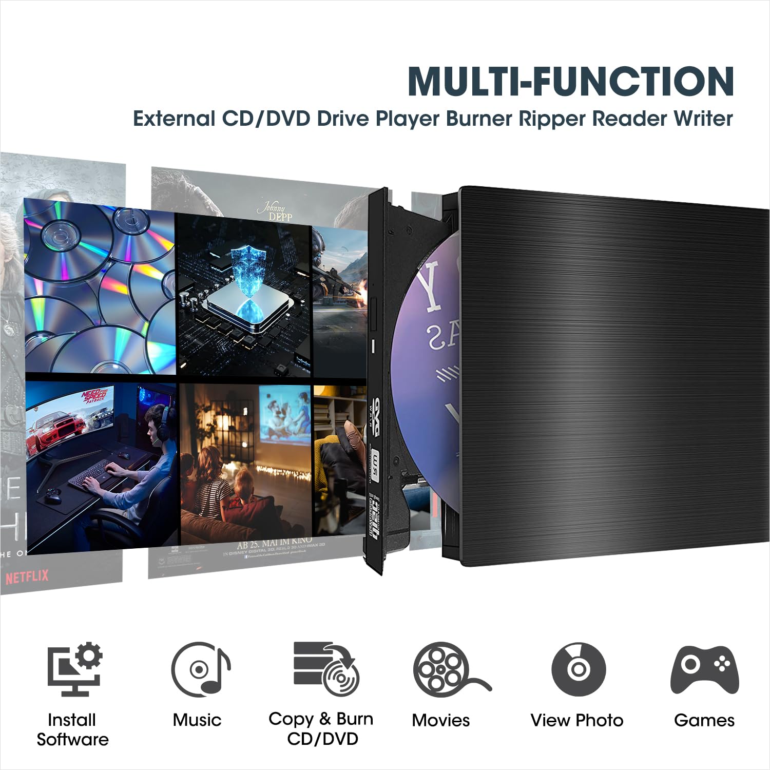 ROOFULL External CD DVD Drive for Laptop, USB 3.0 Type-C Portable CD/DVD Player Burner Reader Writer Adapter for Windows 11/10 Computer Mac MacBook Linux PC