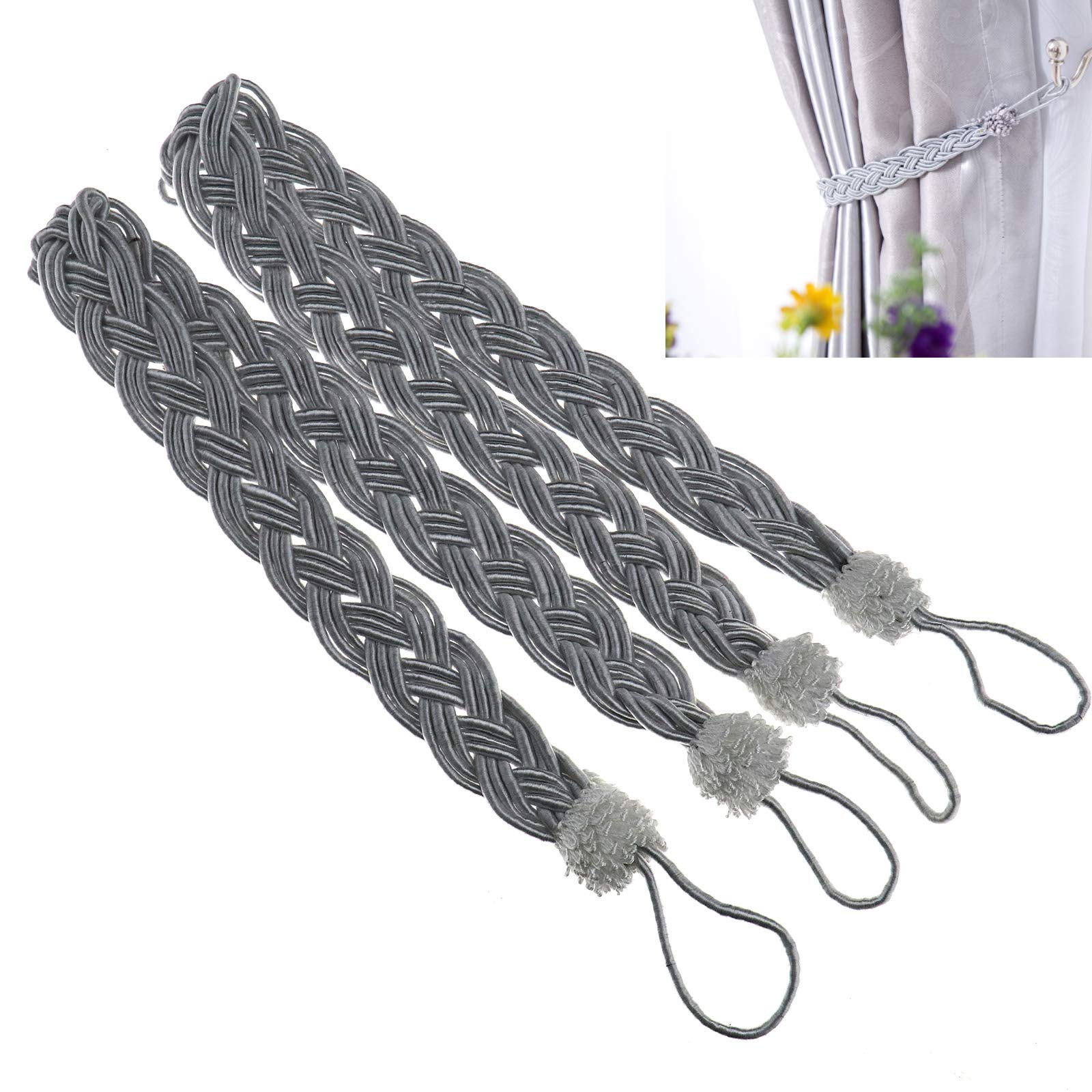 OTOTEC 2 X Braided Tiebacks Window Rope Curtains Tie Back Holdback Curtain Voile Silver