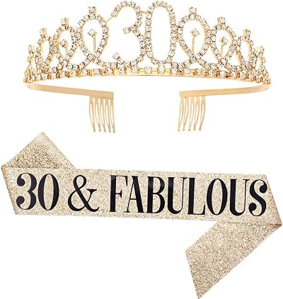 NC Leixi 30 & Fabulous Sash Rhinestone Tiara Set Gold XL 30th Birthday Gifts