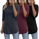 Riyiper 3 Pack Elbow Length Tee Shirts for Women Cotton 3/4 Sleeve Tunic Tops Round Neck Summer Curved Hem Leggings Blouse(Black, Haze Blue, Fuchsia,Small)