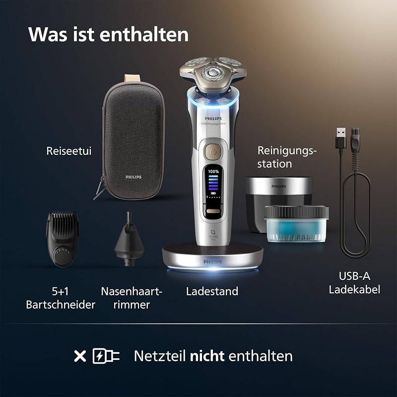 Rasierer i9000 Prestige Ultra für Herren, Nass- und Trockenrasur, chrom, Druck- und Bewegungssensor, 5+1 Bartstyler, Nasenhaartrimmer, Reinigungsstation, Ladestation und Reiseetui (XP9404/38)