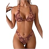 QJQ Women's 2 Piece Swimsuit Floral Halter Triangle Bikini Sets Sexy Cheeky High Waisted Bathing Suit