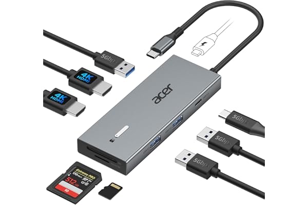 Acer USB-C Docking Station Dual Monitor, 9-in-1 Laptop Dock with 2 HDMI | Laptop Docking Station with 4K@60Hz HDMI, USB A&C 3.0, SD/Micro SD, 100W PD Compatible with Acer/Dell XPS/HP/Mac (0.65FT)