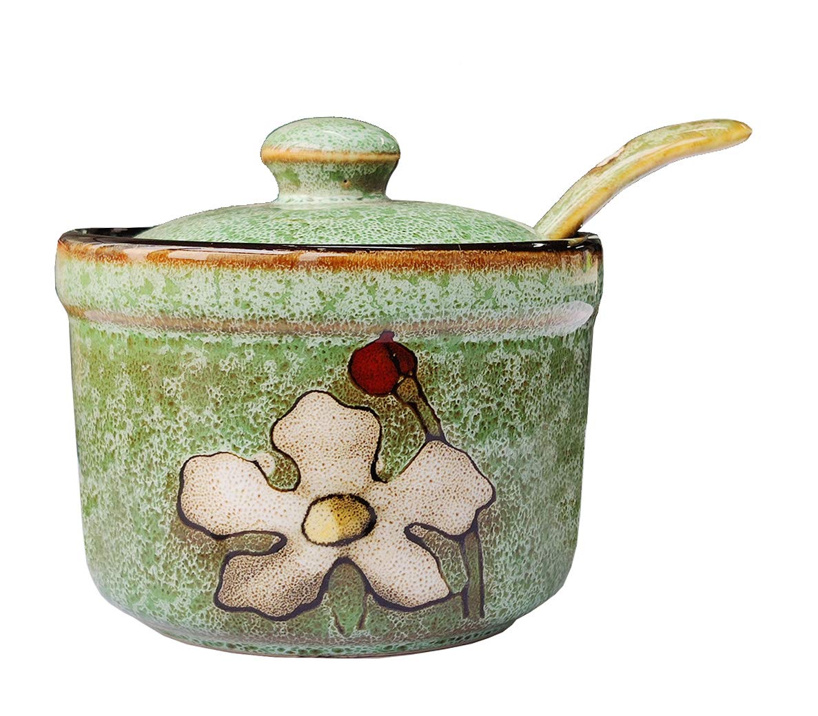 123Arts Ceramics Retro Flower Sugar Salt Pepper Storage Jar Seasoning Pot with Lid and Spoon