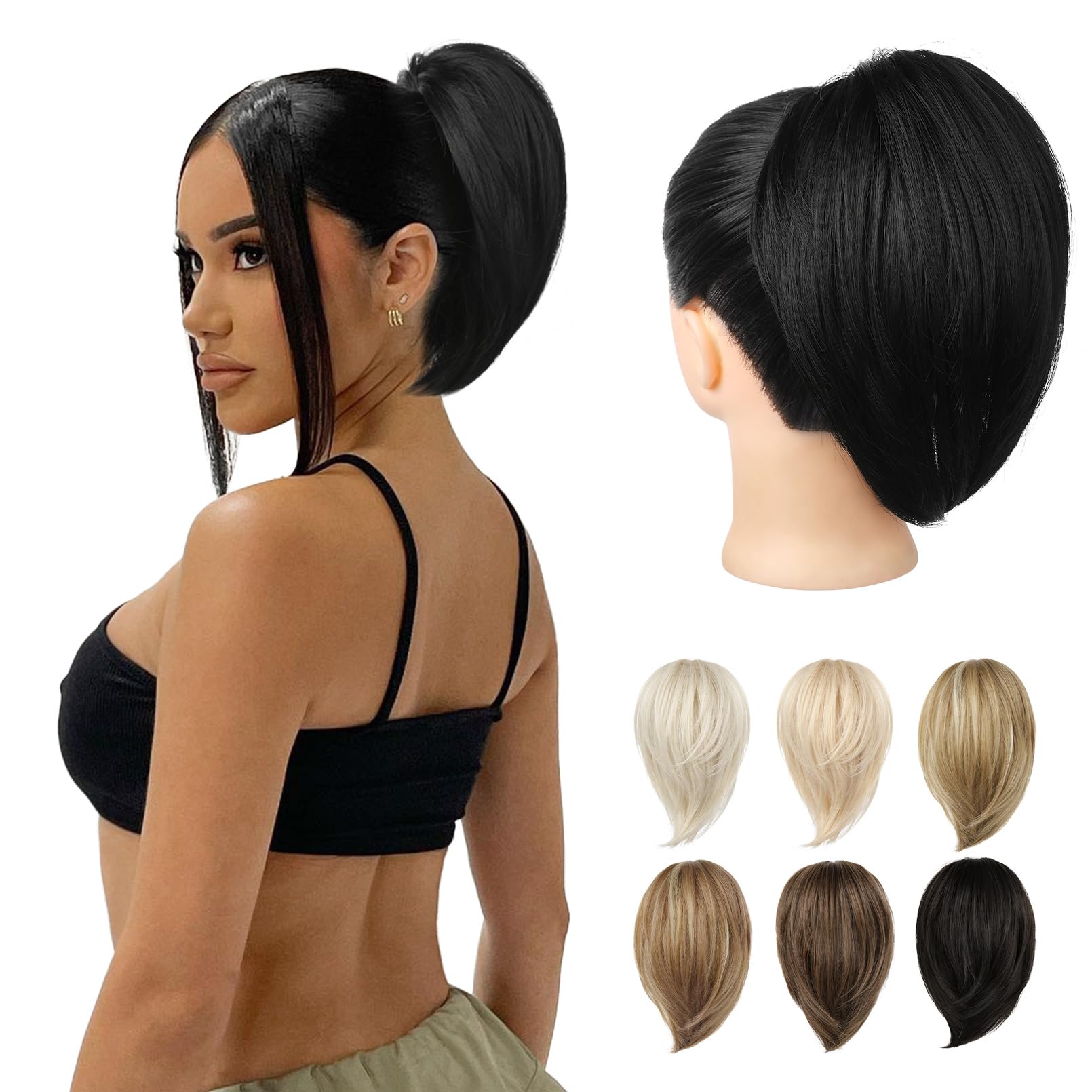 REECHO Ponytail Extension，Claw Clip Hair Bun Hair Piece Short Straight Ponytail Hair Extensions Messy Hair Bun Natural Synthetic Fake Ponytail Hair Pieces for Women- Black