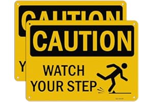 T&R Caution Watch Your Step Signs - 2 Pack - 10 x 7 Inches Rust Free .040 Aluminum -Reflective, UV Protected, Waterproof, Weatherproof and Fade Resistant - 4 Pre-drilled Holes