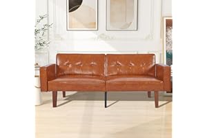 FANGFLOWER 68.1'' Wide Modern Tufted Back Upholstered Convertible Sofa with Reclining Backrest, with Nailhead Trims for Living Room, Apartment, Faux Leather, Caramel (Leather, Brown)