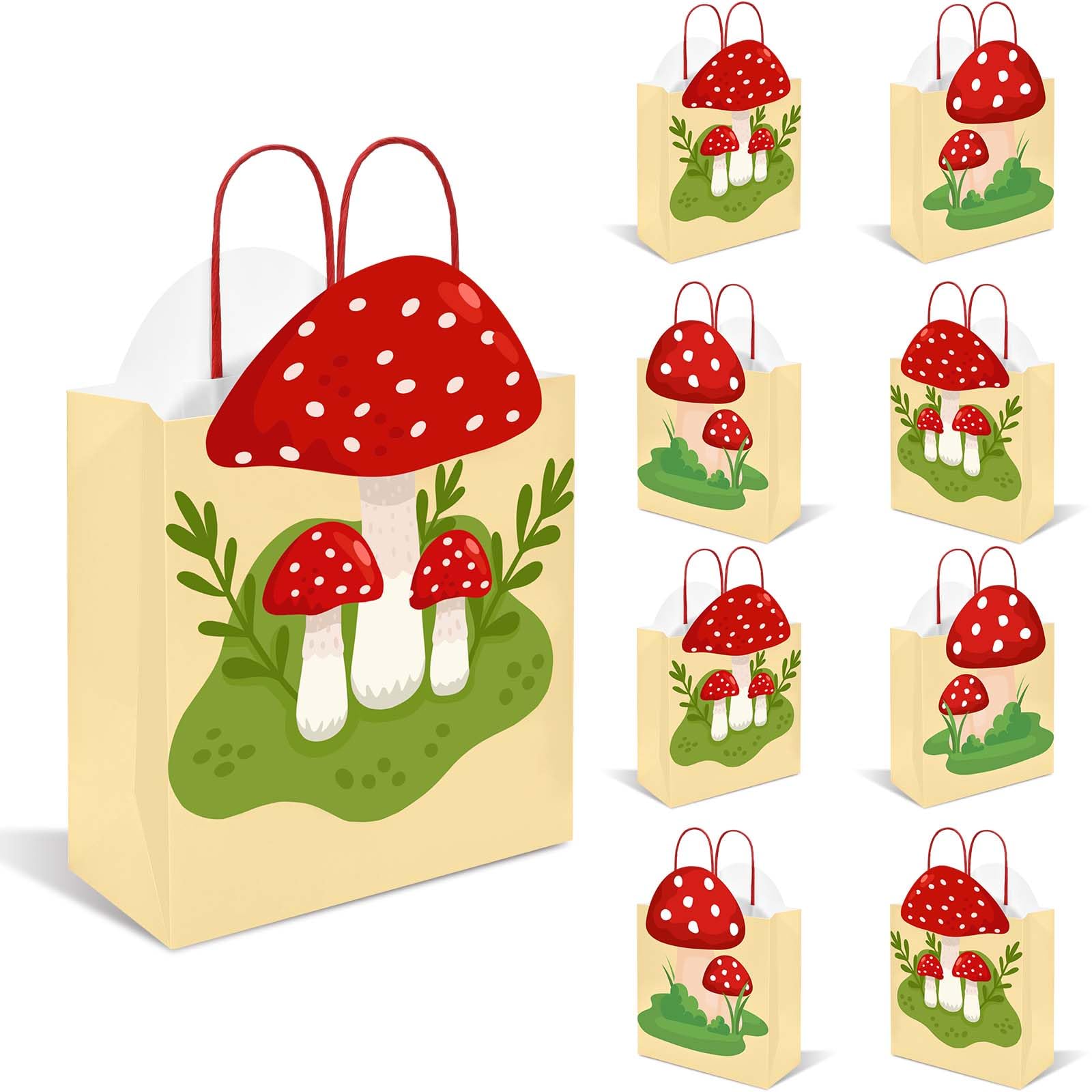 Photo 1 of 16 Pcs Mushroom Bags Fairy Party Favor Bag with Handles Woodland Mushroom Gift Bag Fairy Goodie Bags Candy Treat Paper Bag for Baby Shower Birthday Party Decorations