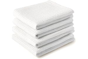 Encasa XO Kitchen Dish Towels Set | White | Waffle Weave and Flat Hand Tea Towel | 28"x18" | Quick Drying Reusable Cotton Was