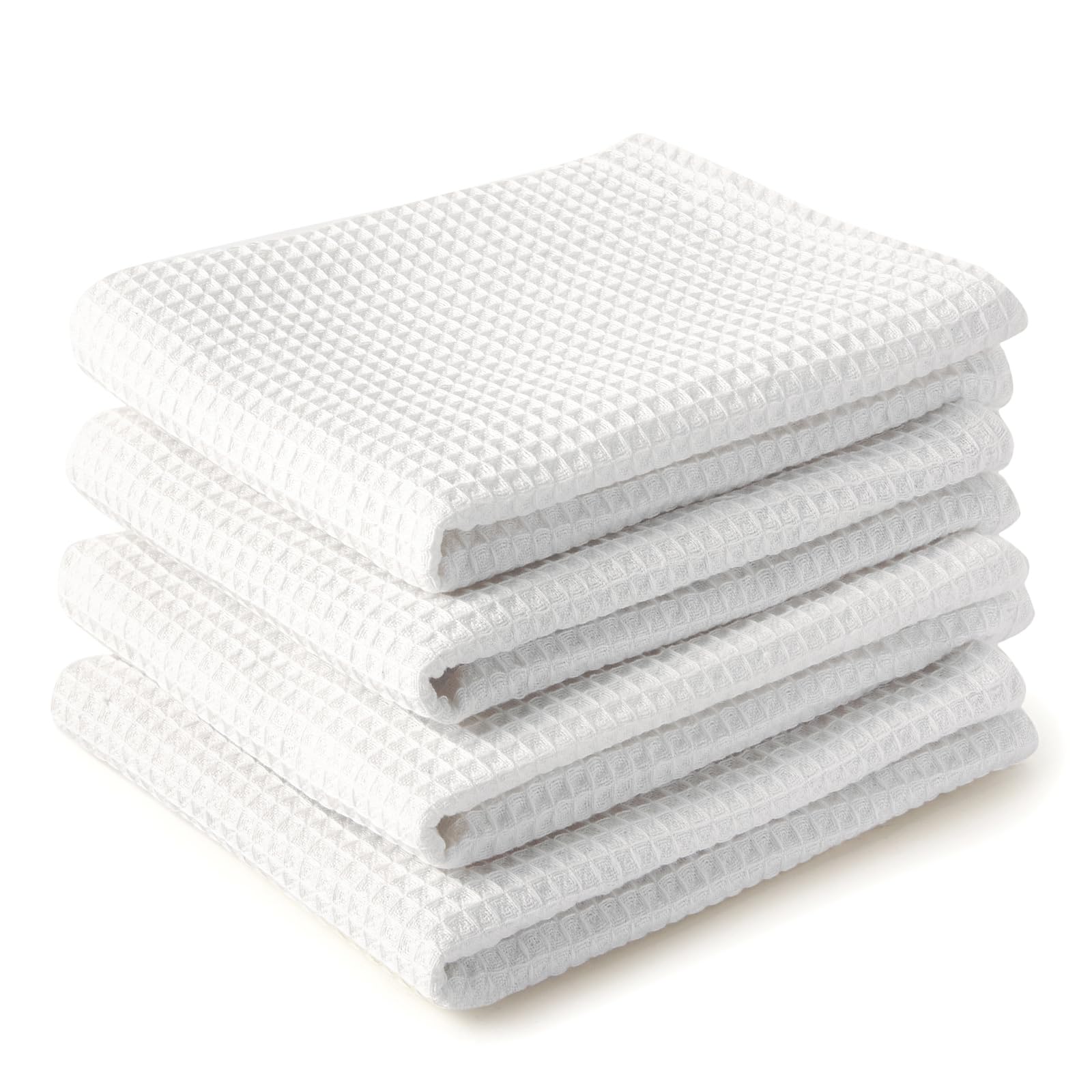 Encasa XO Kitchen Dish Towels Set | White | Waffle Weave and Flat Hand Tea Towel | 70x45 cm | Quick Drying Reusable Cotton Washcloths | Multipurpose Lightweight Dishcloths Set of 4