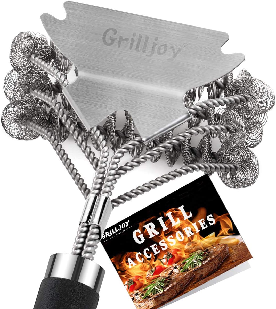 grilljoy 18in Grill Cleaning Brush Bristle Free - Safe BBQ Cleaning Grill Brush with Extra Wide Scraper for Gas/Charcoal Porcelain/Ceramic/Iron/Steel Grill Grates- Ideal BBQ Grill Accessories