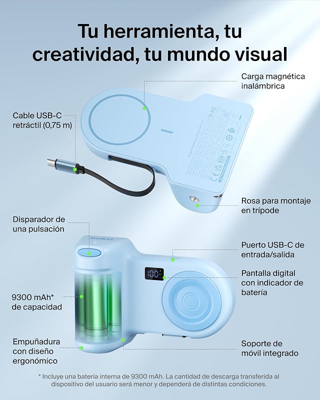 Stage PowerGrip Agarre Magnético de Cámara con Batería 9300 mAh Azul