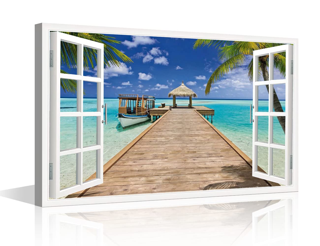 TISHIRON 3D Window Effect Seaside Coconut Tree Canvas Wall Art for Living Room Family Wall Decor Hang Pictures Wall Paintings Kitchen Office Canvas Art Prints Home Decor 16x24inch — image 1