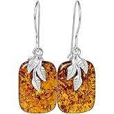 Genuine Baltic Honey Amber Fern Drop Earrings in 925 Sterling Silver – Rectangle Dangle Earrings for Women, Botanical Leaf Design, French Hook, Includes Certificate & Velvet Pouch