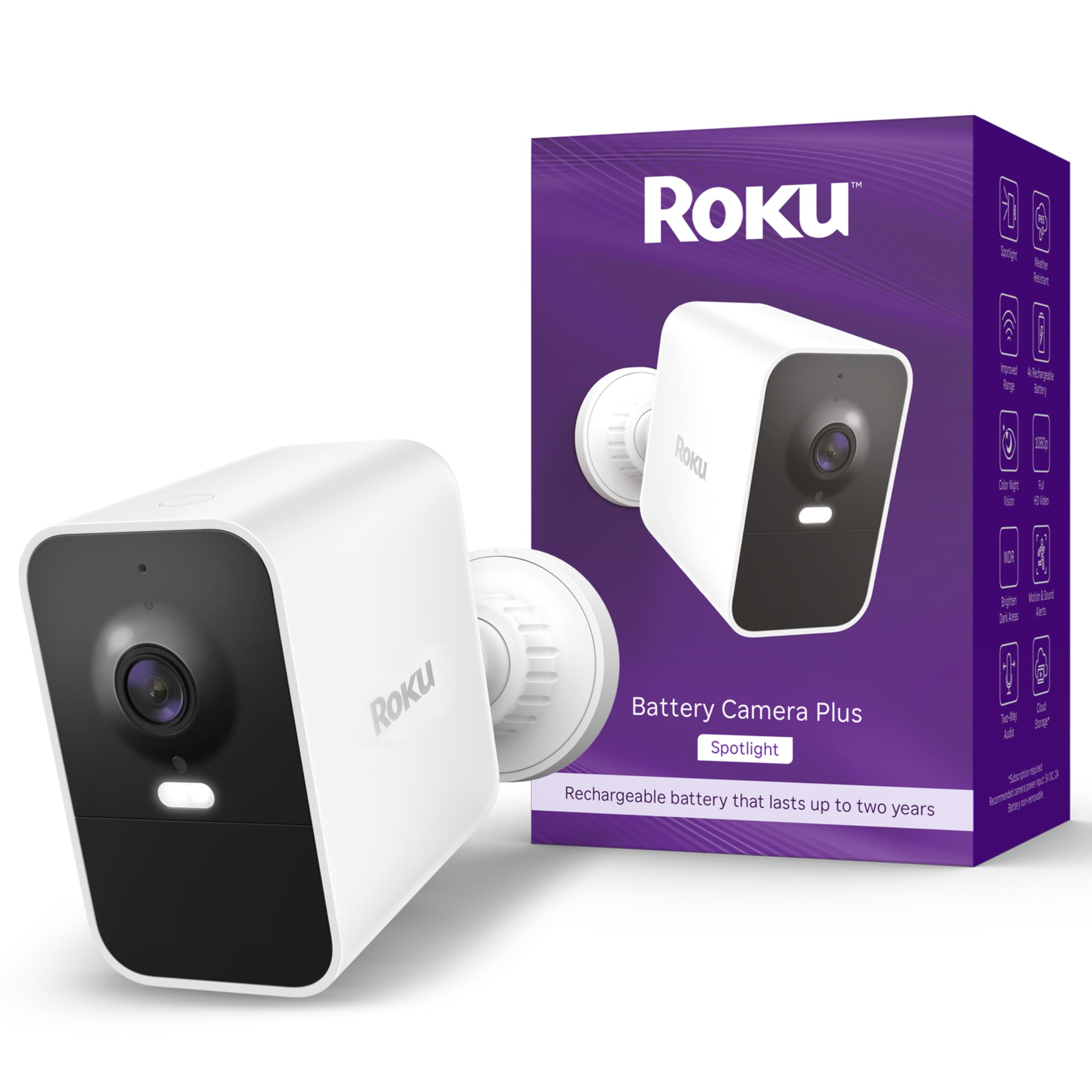 Photo 1 of Roku Battery Camera Plus for Home Security - New 2025 Weather-Resistant Outdoor & Indoor Wireless Camera & Pet Monitor with 1080p HD & Two-Way Audio - 4X Rechargeable Battery Capacity