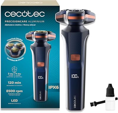 Rasoio rotante PrecisionCare Aluminium. Lame per capelli lunghi e corti, display LED intelligente, 2 velocità, 8500 giri/min, autonomia 2 ore, testa magnetica e rivestimento in titanio