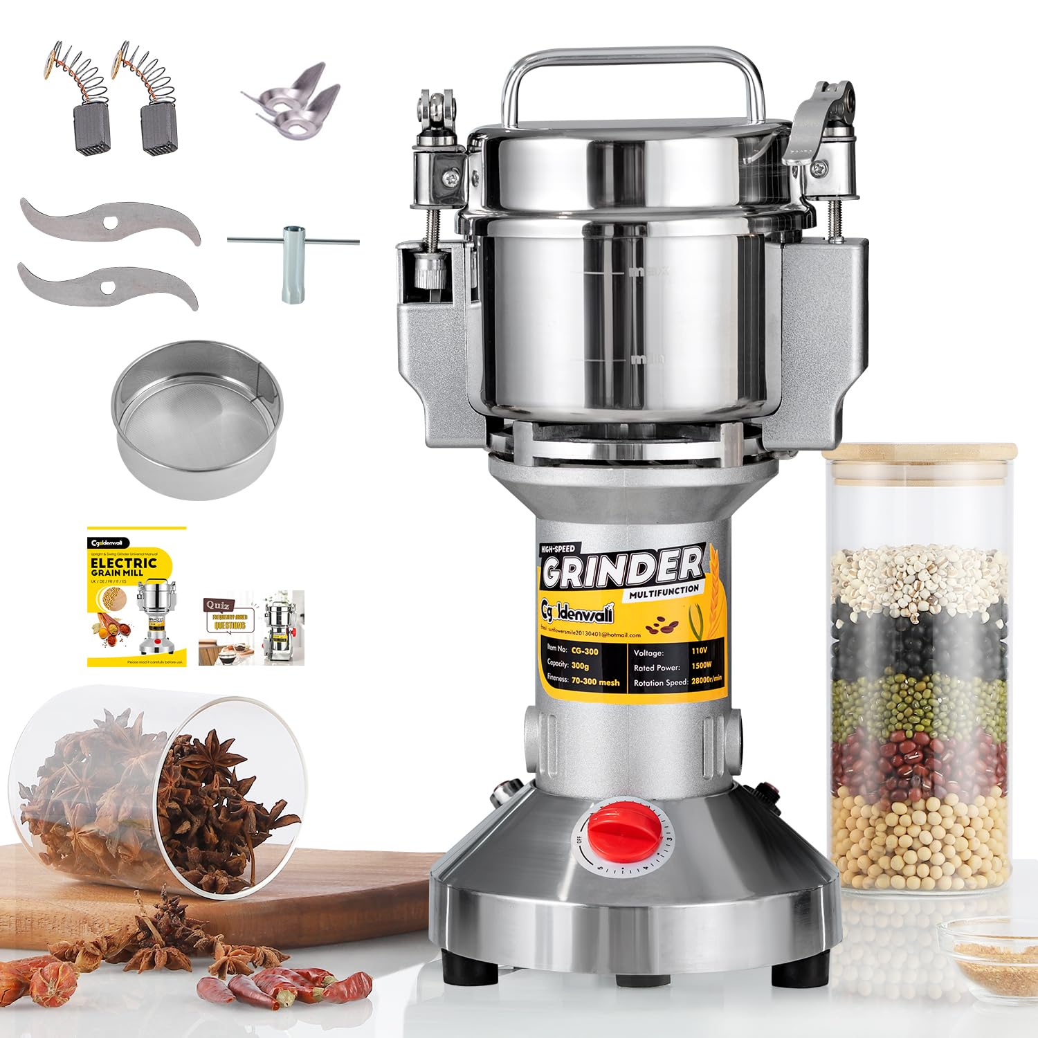 CGOLDENWALL Electric Cereal Grain Grinder 300g Herb Spice Mill Pulverizer Powder Machine Open-Cover-Stop with Safety Protection Function (220V)