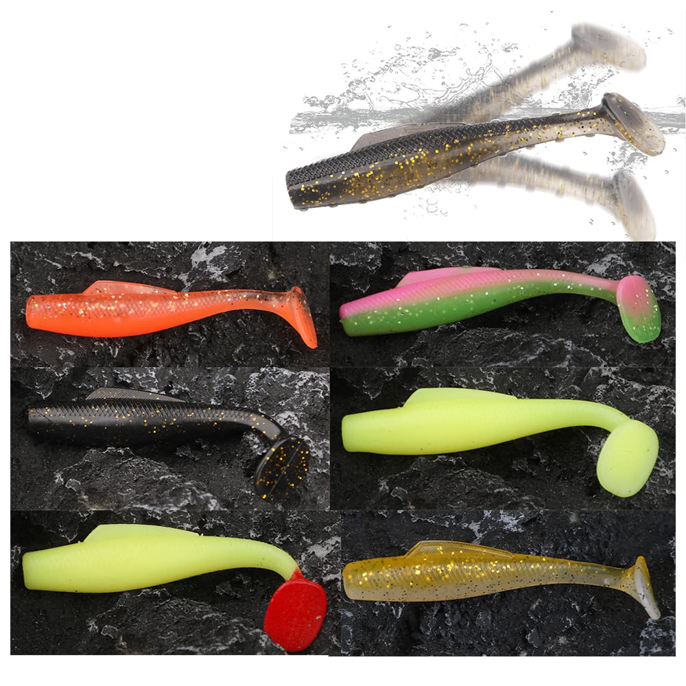 Senvenelec 6 x T-tail artificial soft baits, bionic soft silicone baits, simulated fishing lures, green bait, T-tail.