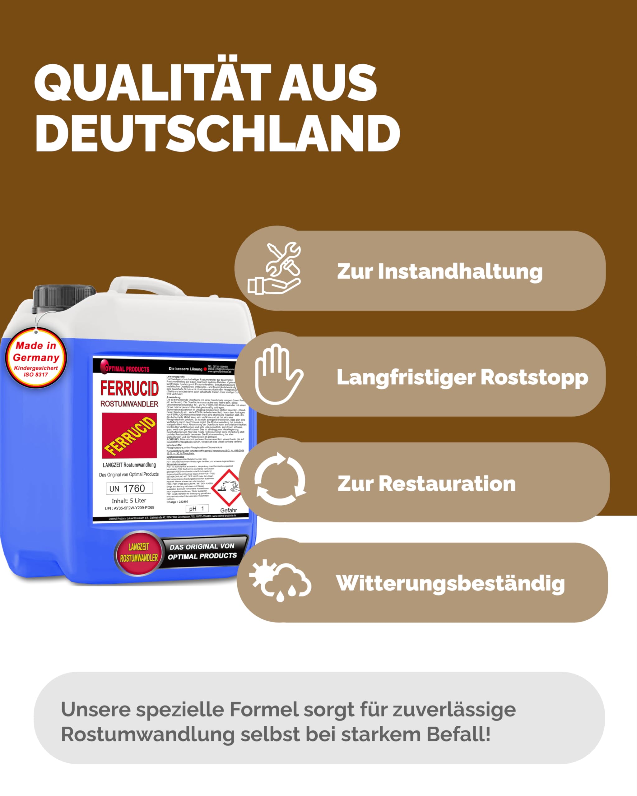Optimal Products Rostumwandler 5l - Rostentferner und Rostschutz mit Phosphatiereffekt - Anwendbar auf allen metallischen Flächen - Sprühbar 5