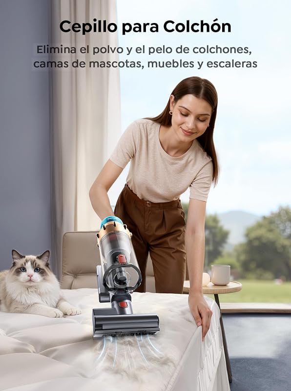 Aspirador sem fios 50KPa/600W/65min (ECO), aspirador vertical potente com escova de colchão, mangueira 1M, escova anti-emaranhados com luz, modo automático, carregamento na parede, carro/pisos/carpetes