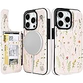 uCOLOR for iPhone 15 Pro 6.1" Wallet Case Magsafe with Card Holder Slot【Compatible with MagSafe】 Folio Flip PU Leather Double Magnetic RFID Design with Camera Lens Protector (Nude Wild Flower)
