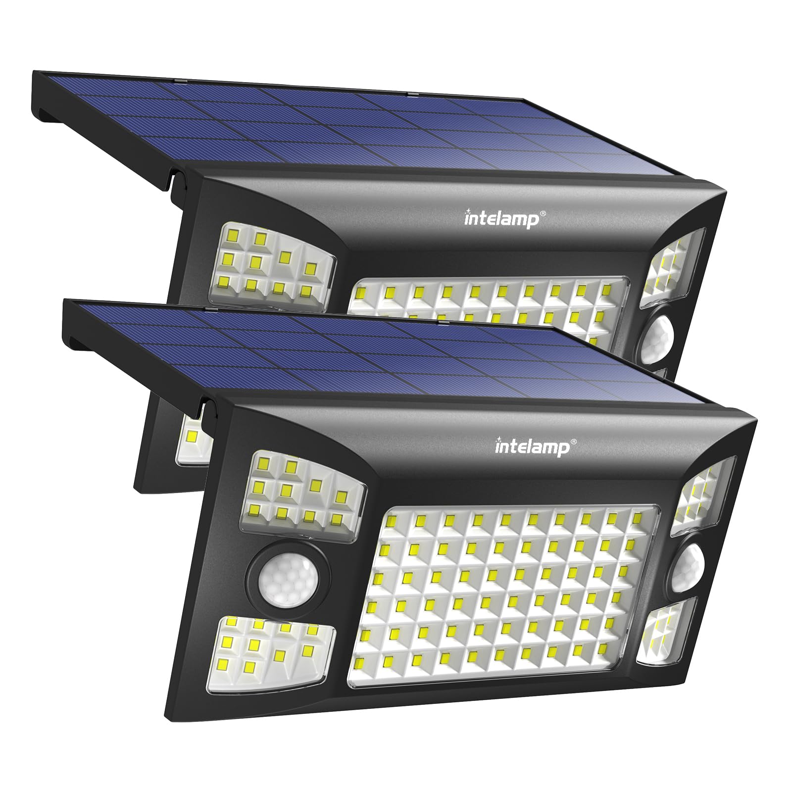 intelamp 2 Pack 4000mAh Solar Lights Outdoor Waterproof, 1300LM Solar Flood Lights Outdoor Motion Sensor Adjustable 3 Mode for Patio, Garage, Porch