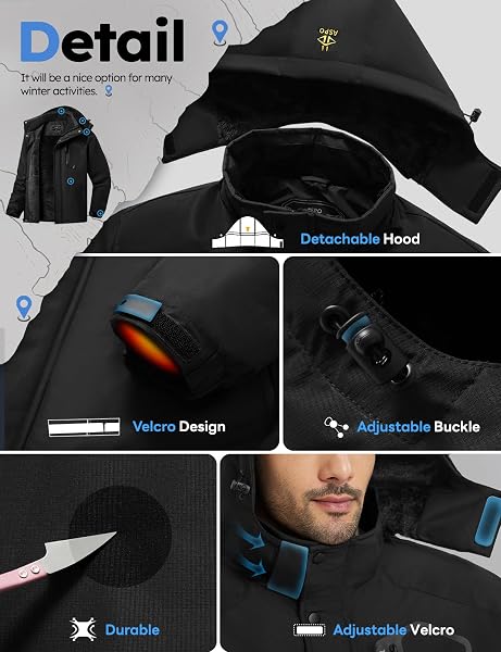 ASPO MEN’S WATERPROOF SKI JACKET WINTER WARM SNOW COAT FLEECE LINED SNOWBOARD HOODED MOUNTAIN WINDBREAKER RAINCOAT HIKING BLACK XL
